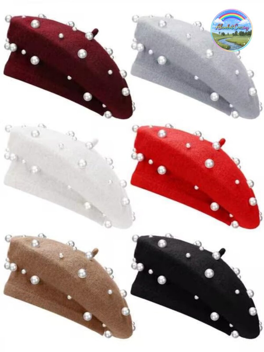 6 Pc Pearl Beaded Wool Beret Set French Style Winter Hats